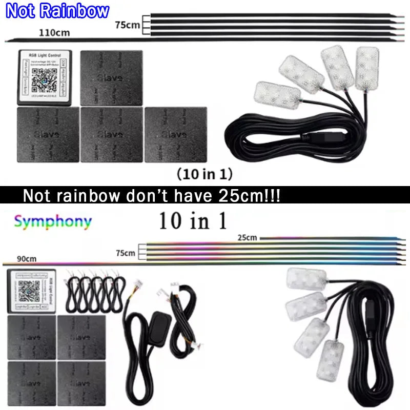 10/14/18 in 1 Led Car Ambient Lights 213 64 Color RGB Symphony Streamer Bluetooth Rainbow Acrylic Strips Atmosphere Lamp Kit 12V