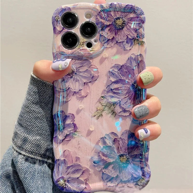 Luxury Laser Oil Painting Flowers Phone Cases For iPhone