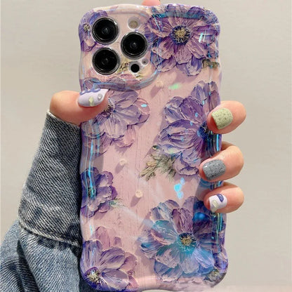 Luxury Laser Oil Painting Flowers Phone Cases For iPhone