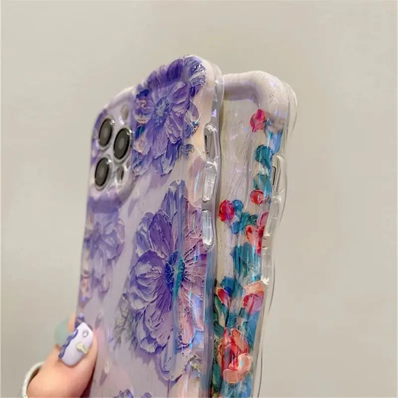 Luxury Laser Oil Painting Flowers Phone Cases For iPhone