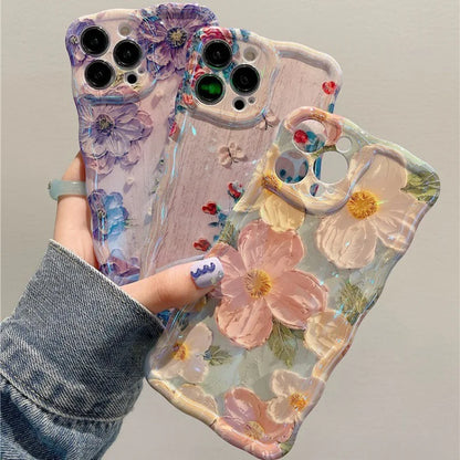 Luxury Laser Oil Painting Flowers Phone Cases For iPhone