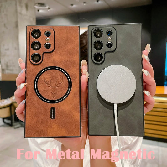 Luxury Leather Magnetic Wireless Charging Phone Case For Samsung
