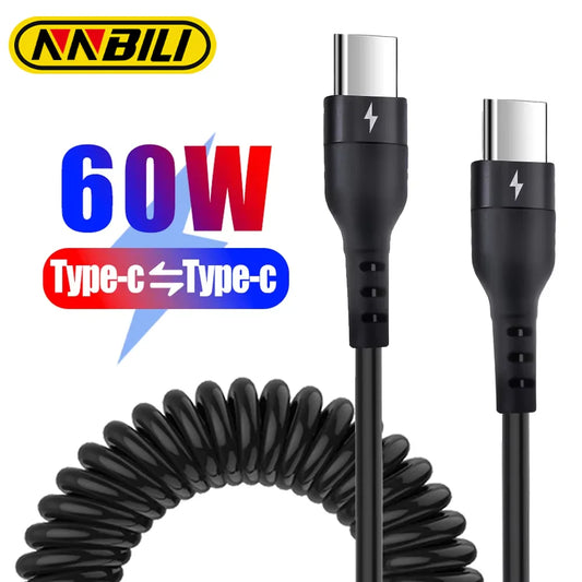 NNBILI 60W C-C Fast Charging Cable 5A Spring Telescopic Car Charger Cable High Speed Charging Data Cable Phone Accessories ﻿