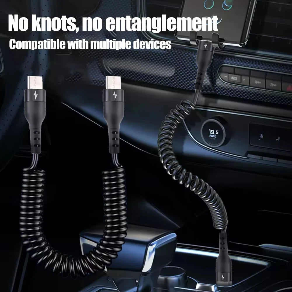 NNBILI 60W C-C Fast Charging Cable 5A Spring Telescopic Car Charger Cable High Speed Charging Data Cable Phone Accessories ﻿