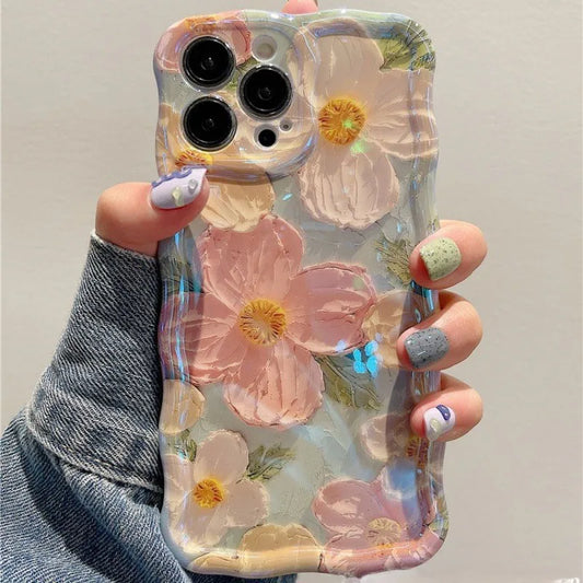 Luxury Laser Oil Painting Flowers Phone Cases For iPhone