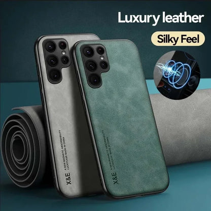 Luxury Leather Case For Samsung S25 S24 S23 Ultra S24 FE A16 A15 A56 A55 A36 A35 5G Cover With Metal Plate Support Car Hold